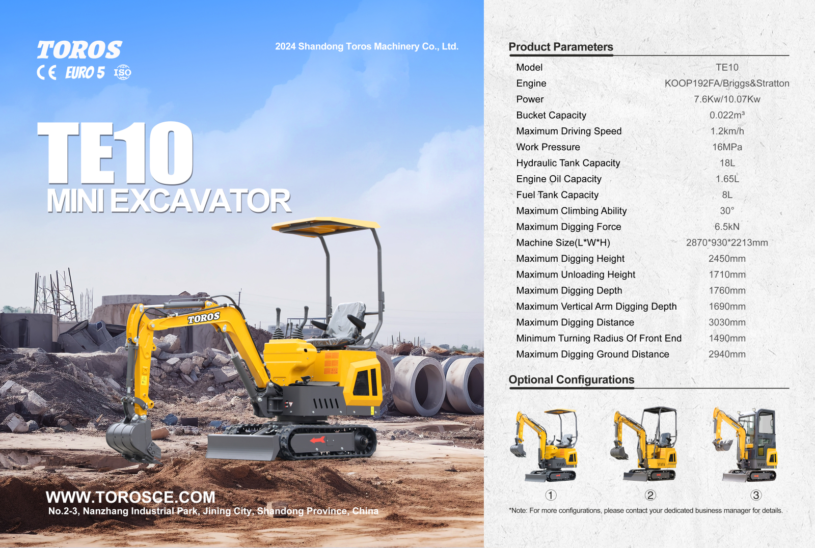 NOVI mini bager TE10 TOROS Koop192FA dizel 7,6KW EU5 motor